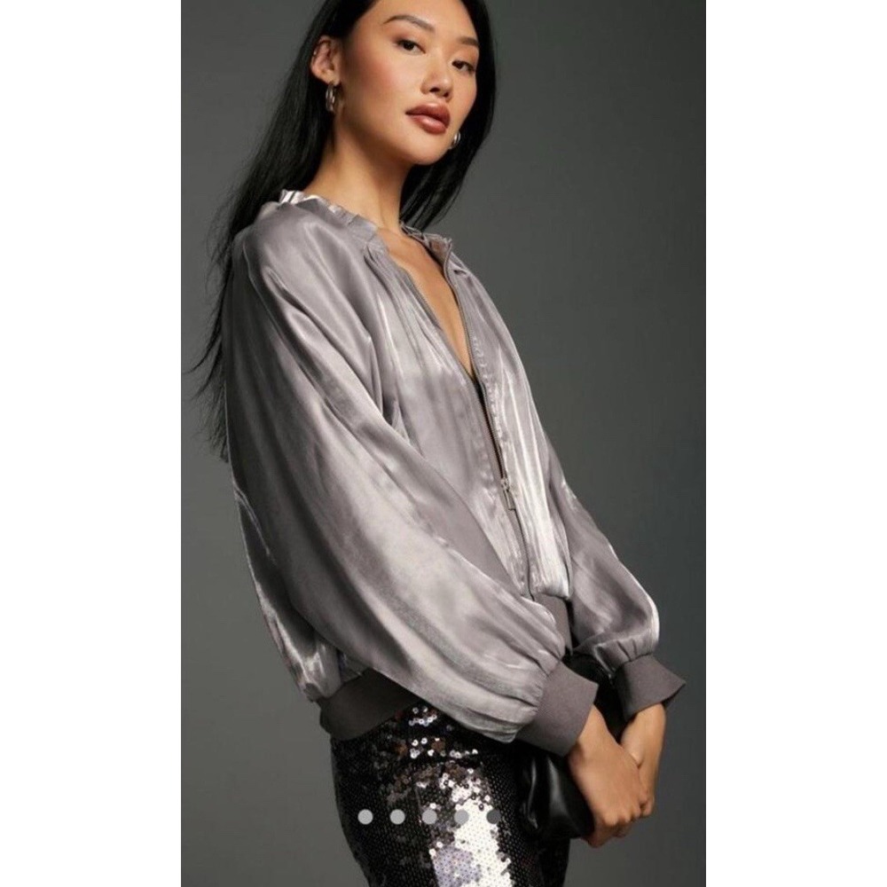Anthropologie Icy Shine Bomber Zip Up‎ Jacket Sliver Gold Shimmer NWT Sz-XL